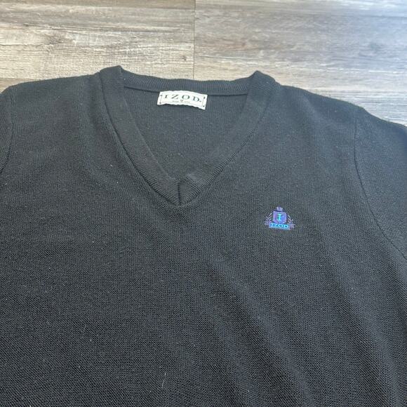 Vintage Izod Blue Mens M V-Neck Crest Chest Spell Out Logo Acrylic Knit Sweater - Picture 2 of 12